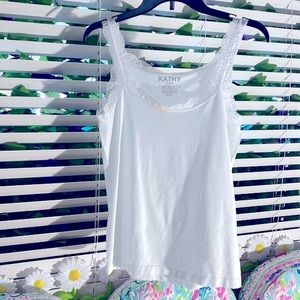 Kathy curvey white shaping camisole with lace trim